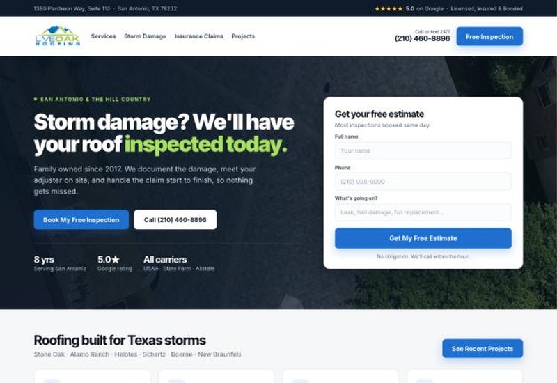 Our redesign of the Live Oak Roofing homepage